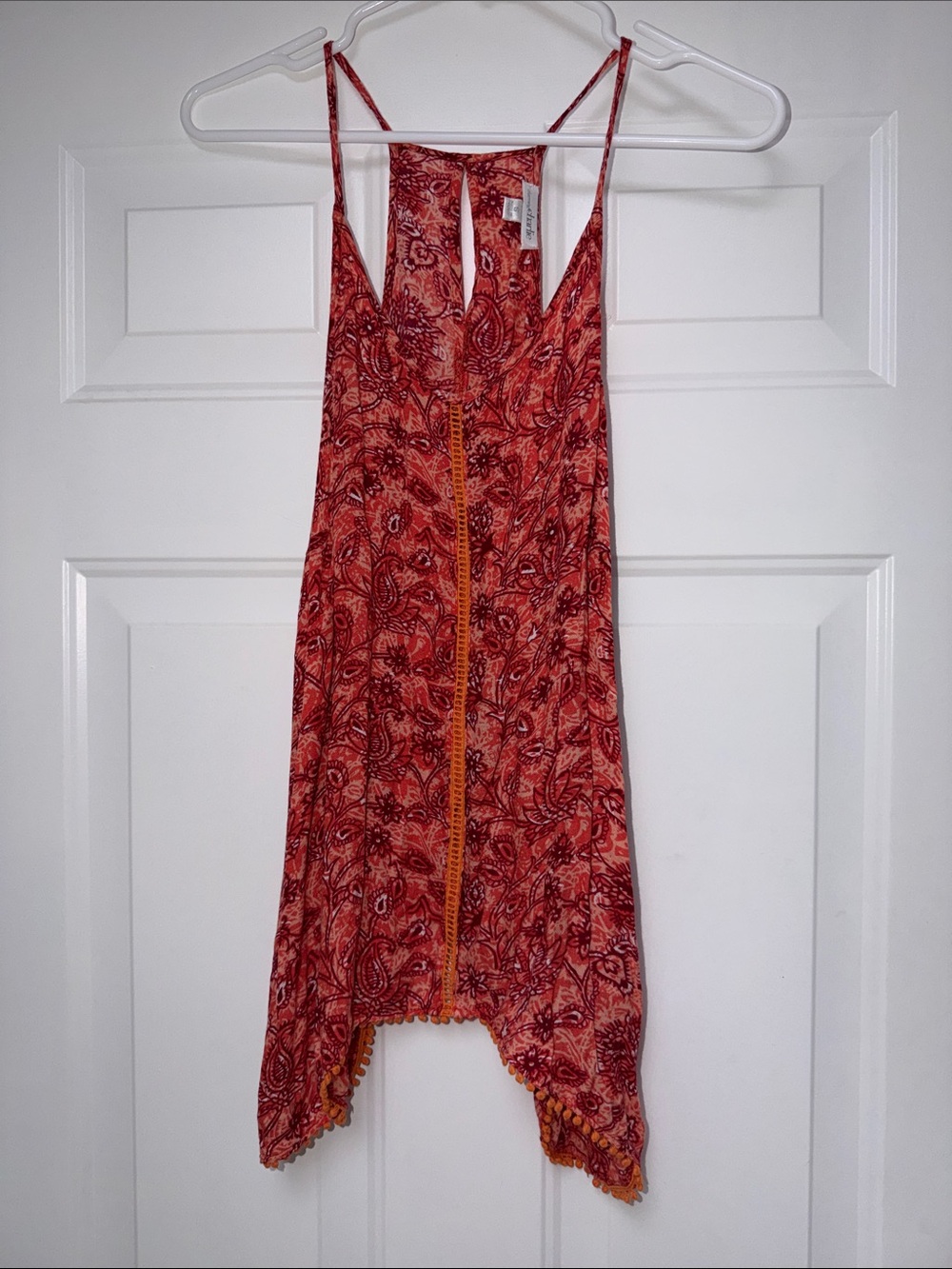 Red Paisley Handkerchief Hem Tank with Pom Trim